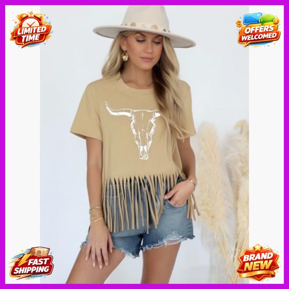 Vintage Western Graphic Tee Short Sleeve Boho Cow Skull Top Women's T-Shirt - Picture 2 of 7